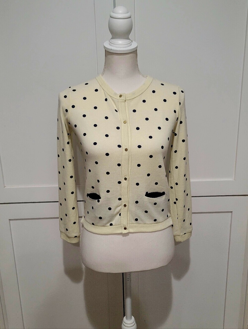 Poof Girl Cotton Blend Cream & Navy Polka Dot Cardigan Sweater | Girls Size 14